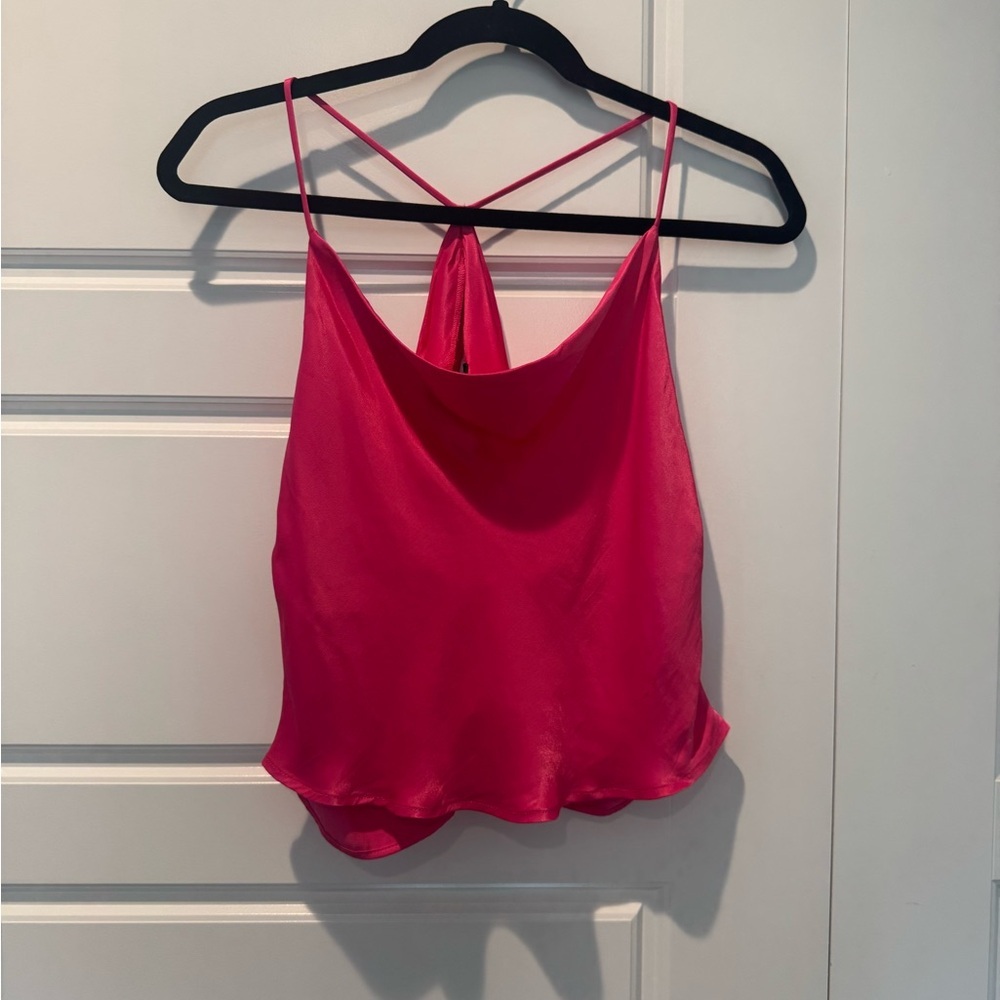 NWT Zara Barbie Pink Satin Camisole Blouse Split Back Crop Fit Size Medium